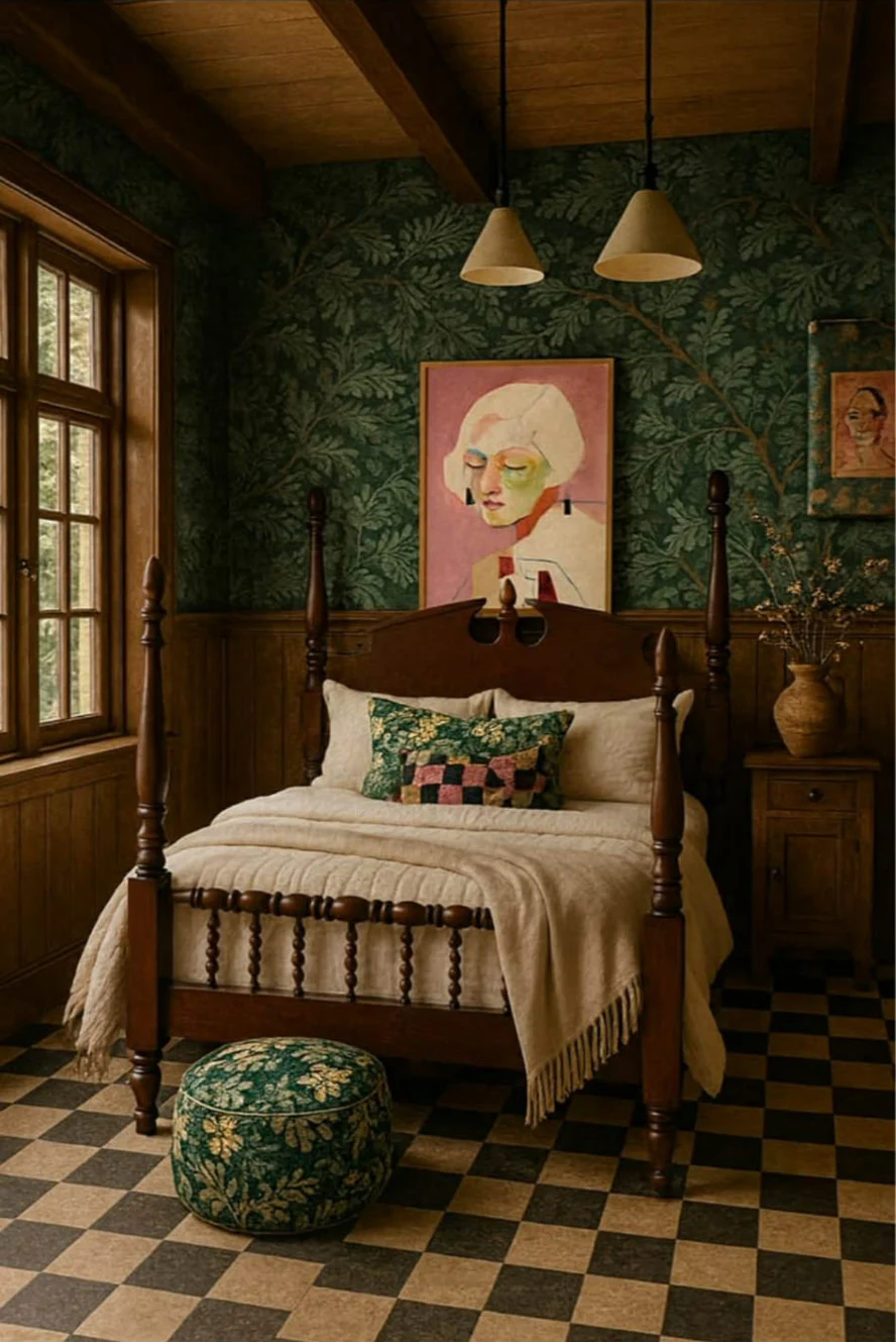Shared bedroom reference with an antique spindle bed, botanical wallpaper, and layered bedding