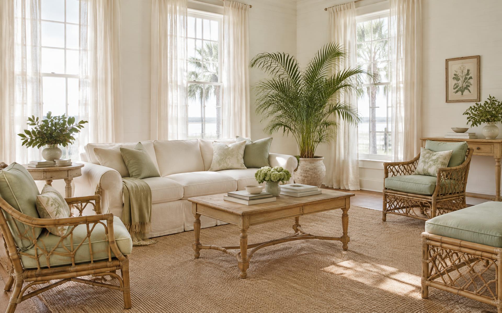 A candlelit living room with a gilt mirror, velvet seating, and framed oil portraits