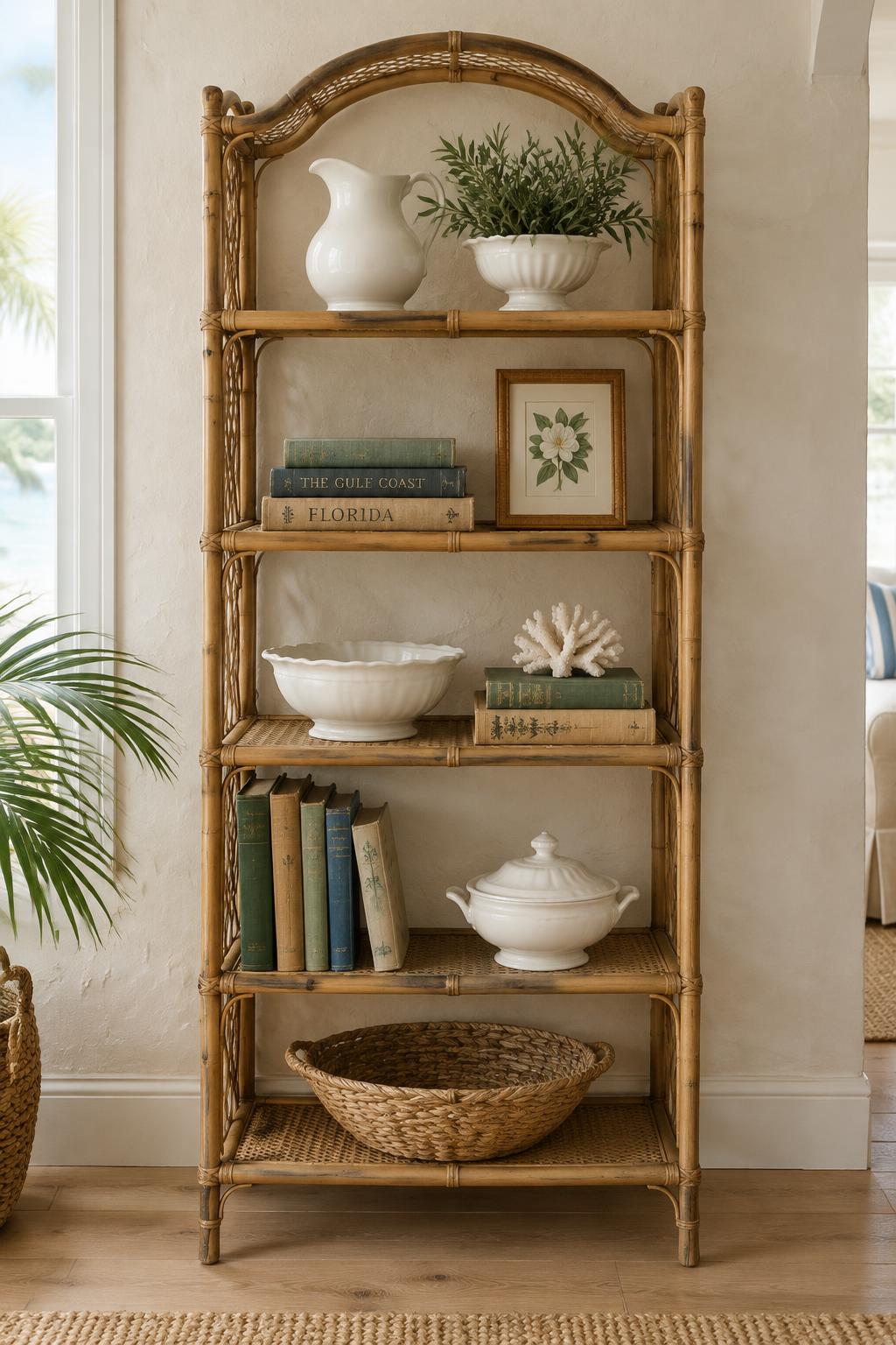 Natural rattan étagère styled with ironstone, old cloth-bound books, and a small botanical print