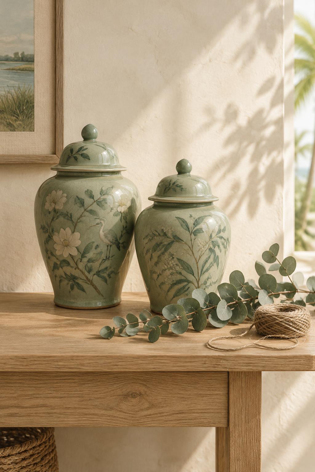 Pair of green celadon ginger jars with hand-painted botanicals on a light oak console