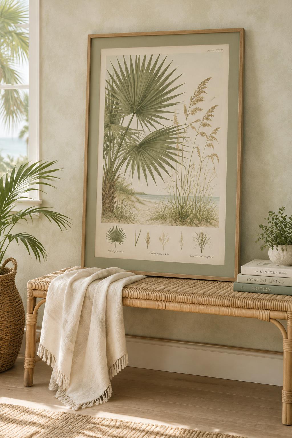 Large framed botanical print of palms and sea grasses above a rattan bench
